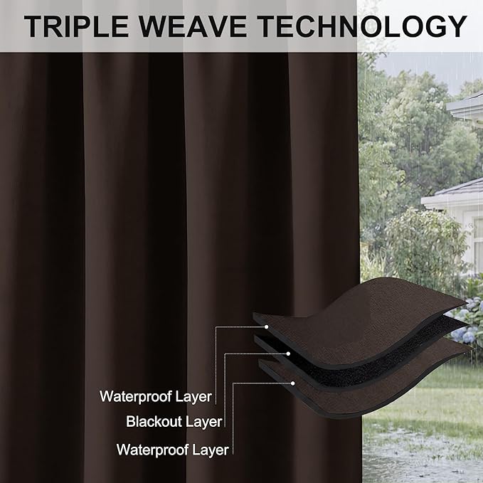 RYB HOME Porch Curtains Outdoor Blackout 100% Privacy Waterproof Curtain for Patio Gazebo Balcony Laini Garden Lawn, Wide 100 x Long 84, 1 Panel, Brown