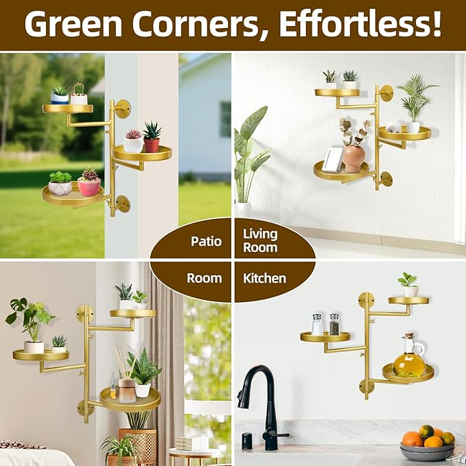 Rotating Window Plant Shelves with Adjustable Knobs, 3 Tiers Metal Wall Shelf for Plants Indoor, Sturdy Hanging Plant Holder, Window Wall Decor & Gardening Gifts (Golden)