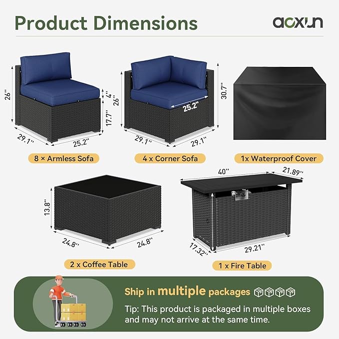Aoxun 15 Piece Patio Furniture Set with 44” Fire Pit Table, Wicker Rattan Patio Sectional Sofa, Outdoor Furniture Set with Thickened Cushion, Blue