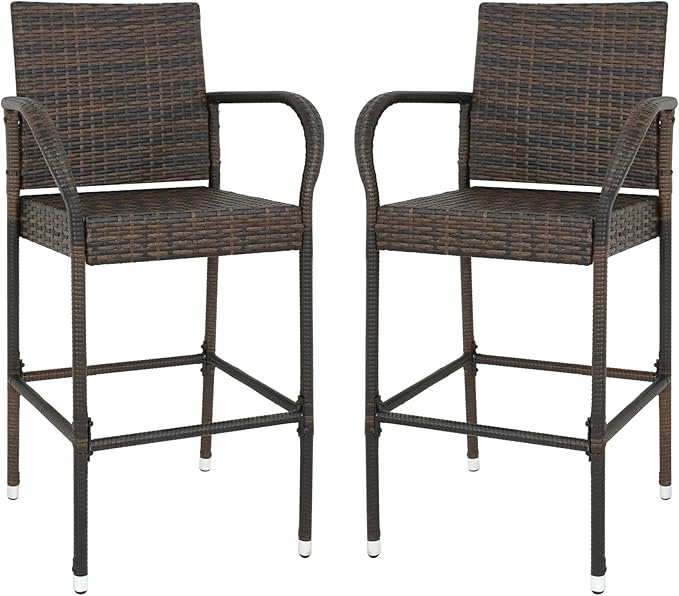 SUPER DEAL Upgraded Wicker Bar Stool Chairs Outdoor Backyard Rattan Chair w/Iron Frame, Armrest and Footrest (2)