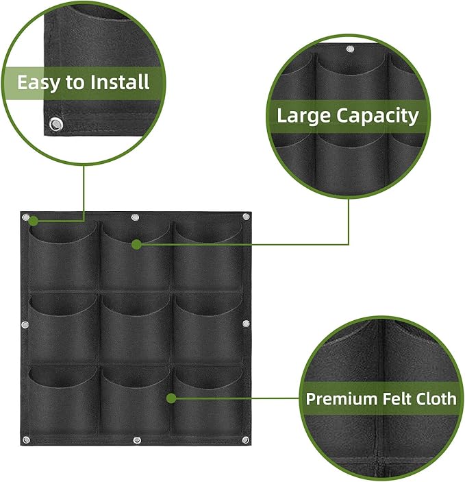 Hanging Planting Grow Bags, 9 Pockets Hanging Vertical Wall Planter Wall Mounted Grow Bag Outdoor Indoor Gardening Vertical Greening Flower Container, Planting Bags Storage Bags(0.5 m × 0.5 m, Black)
