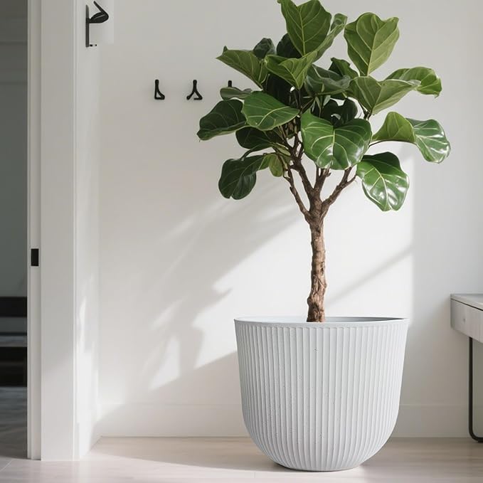 WORTH Garden Round Large Planter Pot Set of 2-17.5" Dia x 15.5" H - Durable Plastic White Plant Tree Pots with Vertical Stripe Textured Finish, Drainage Hole for Indoor, Outdoor, Front Porch, Patio