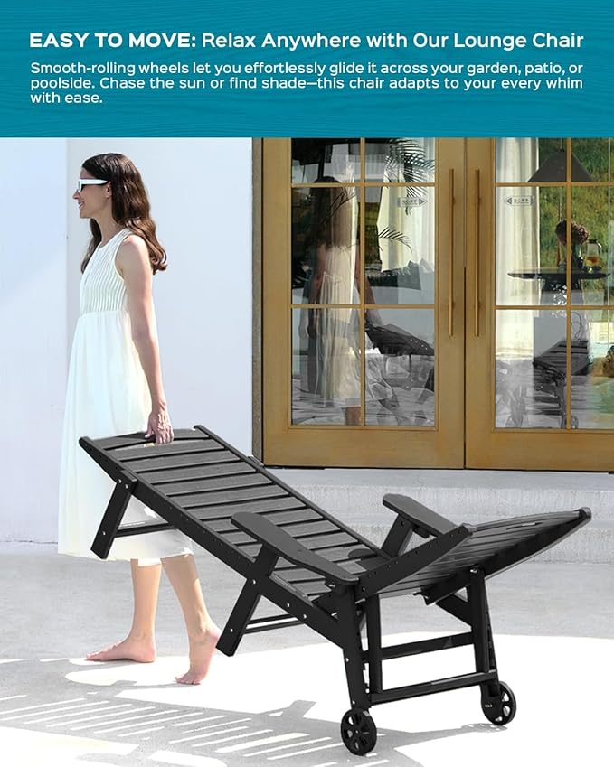 Outdoor Chaise Lounge Chair Set of 2, Patio Lounge Chairs for Outside, HDPE Lounge Chairs with Wheels & Cup Holder, Poly Lounge Chair with 5 Position for Poolside, Deck, Black