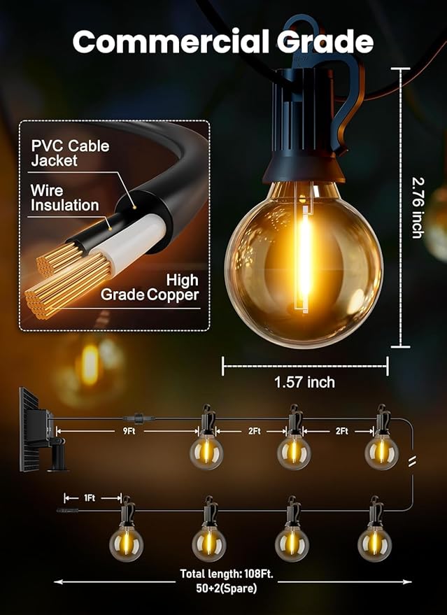 Brightown 108FT 52 LED Solar String Lights Outdoor with Remote & USB Port, Shatterproof Bulbs, Dimmable & Timable, 3 Light Modes, Patio Lights Solar Powered for Camping Backyard Garden Decor