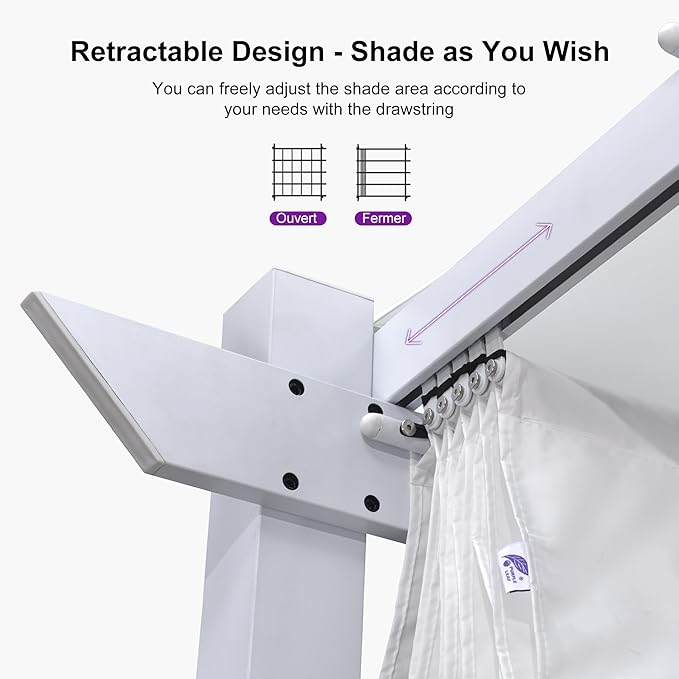 PURPLE LEAF 10' x 10' Outdoor Aluminum Pergola White Heavy-Duty Retractable Pergolas Patio Metal Pergola with Double Sun Shade Canopy and Light for Backyard Gardens Deck, White
