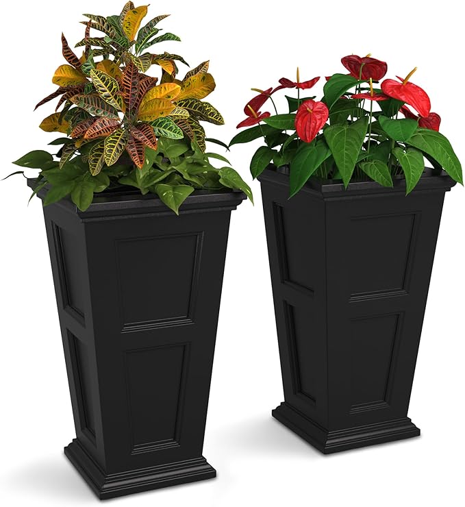 Mayne Fairfield 28-Inch Tall Planter, 2-Pack – Self-Watering, Weather-Resistant Planter for Flowers – Durable Outdoor Design for Patio, Porch, or Entryway