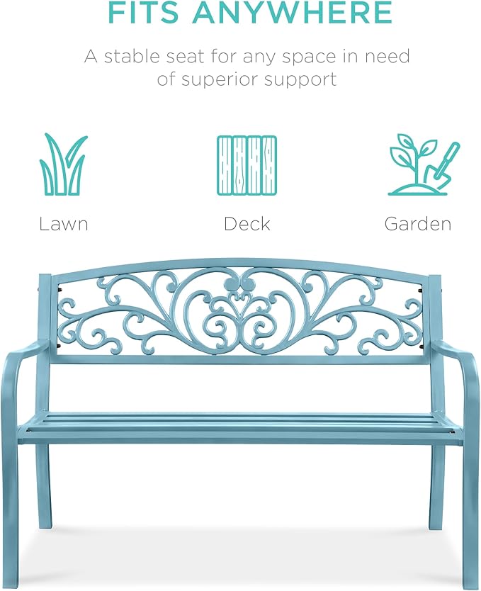 Best Choice Products Outdoor Bench Steel Garden Patio Porch Furniture for Lawn, Park, Deck w/Floral Design Backrest, Slatted Seat - Sky Blue