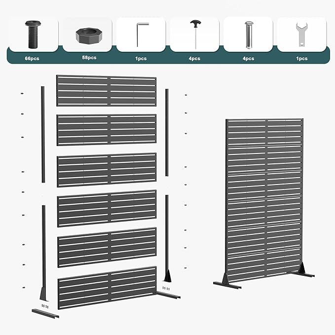 Casaphoria Metal Privacy Screen Outdoor, 72" H x 47" W Freestanding Decorative Privacy Screen for Patio Deck Balcony Garden with Stable Base, Black-Gerald