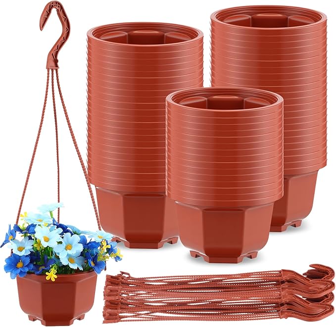 Roshtia 50 Pcs 5.1 inch Plastic Hanging Plant Pots with Hooks Flower Pots Baskets Outdoor Hanging Nursery Planter Holder for Home Garden Balcony Porch(Brown, 5.1 inch)