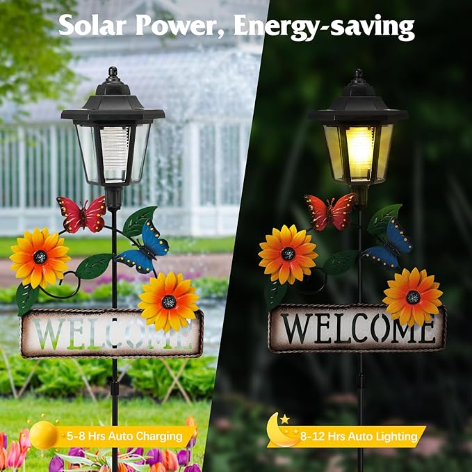 Lewondr Solar Garden Lights Butterfly, 37.4 Inch Solar Lamp Post Light with Welcome Sign & Butterflies, Outdoor Waterproof Solar Stake Lights for Yard Porch Patio Pathway Gardening Gifts, 2 Pack