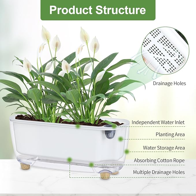 Self Watering Planter with Coco Coir Pellets, 11.8 Inch Plastic Rectangular Windowsill Plant Pot with Drainage Holes, High Clear Modern Decorative Flower Pot for Indoor Plants, African Violets