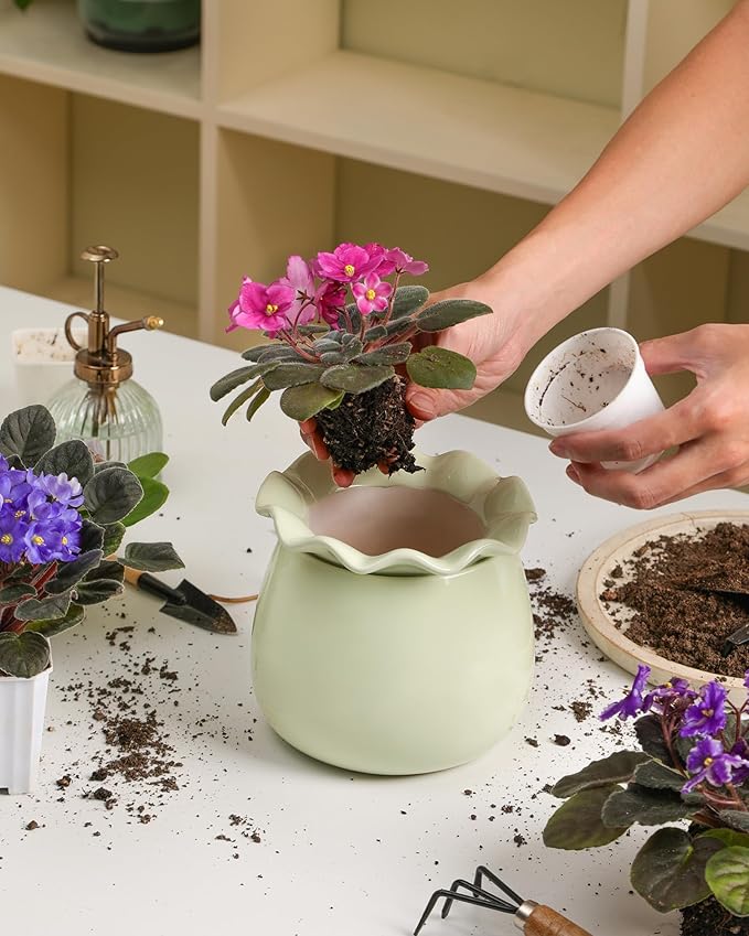 Self Watering Plant Pot, 6 Inch African Violet Pots Maintenance, Ceramic Self-Watering Planter for Indoor Plants - Ideal Flower Pot for Thriving Indoor Gardens, Green