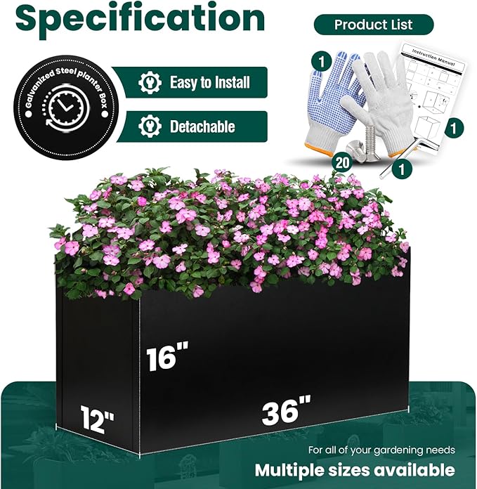 Black Planter Box Galvanized Steel Rectangular Metal Planter 36" L x 12" W x 16" H Indoor Large Outdoor Planters Steel Metallic Heavy Flower Pot Commercial Residential for Patio, Backyard, Garden