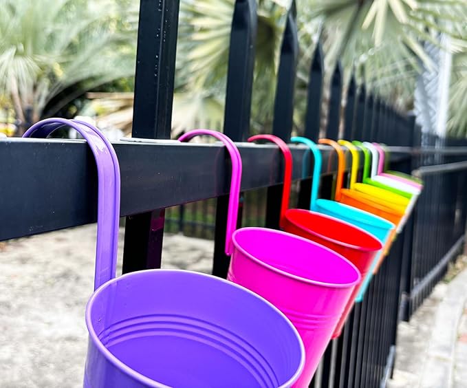 10 Pcs Fence Planters, 4" Metal Hanging Pots Plant Holder with Detachable Hook & Drainage, Railing Planter Flower Pot for Indoor Outdoor Balcony Patio Garden