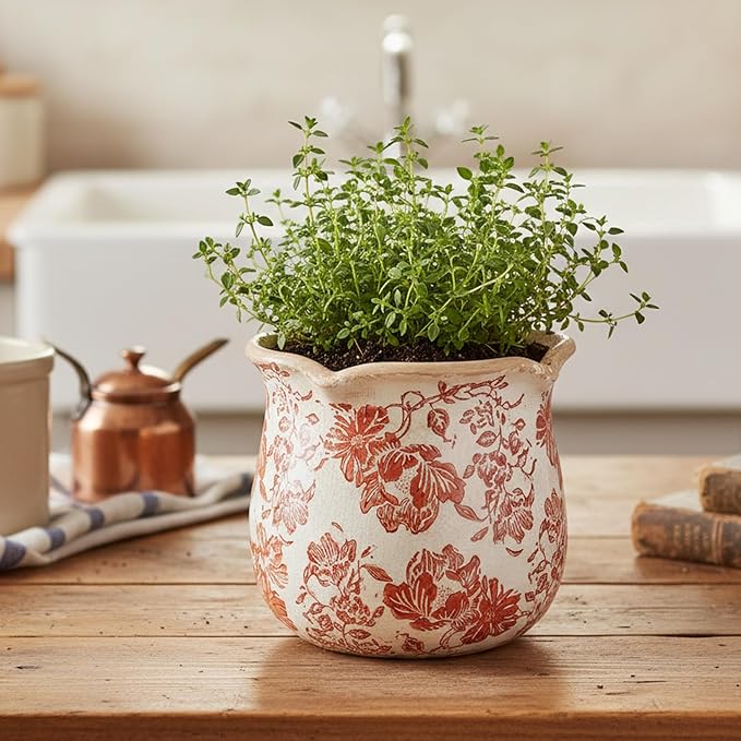 Country Farmhouse Planters for Spring Decor, 6.11 Inch Vintage Distressed Ceramic Plant Pot with Drainage for Indoor Plants, Terracotta Pots & Italian Tuscan Decor, Gardening Gifts (Red Flower)