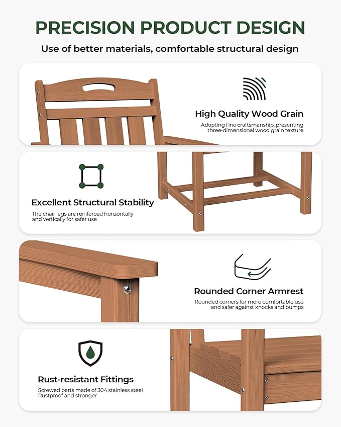 Set of 2 Weatherproof Patio Chairs - HDPE Outdoor Dining Chairs with Wide Seat, Ergonomic Design - for Garden, Backyard, Deck - Teak