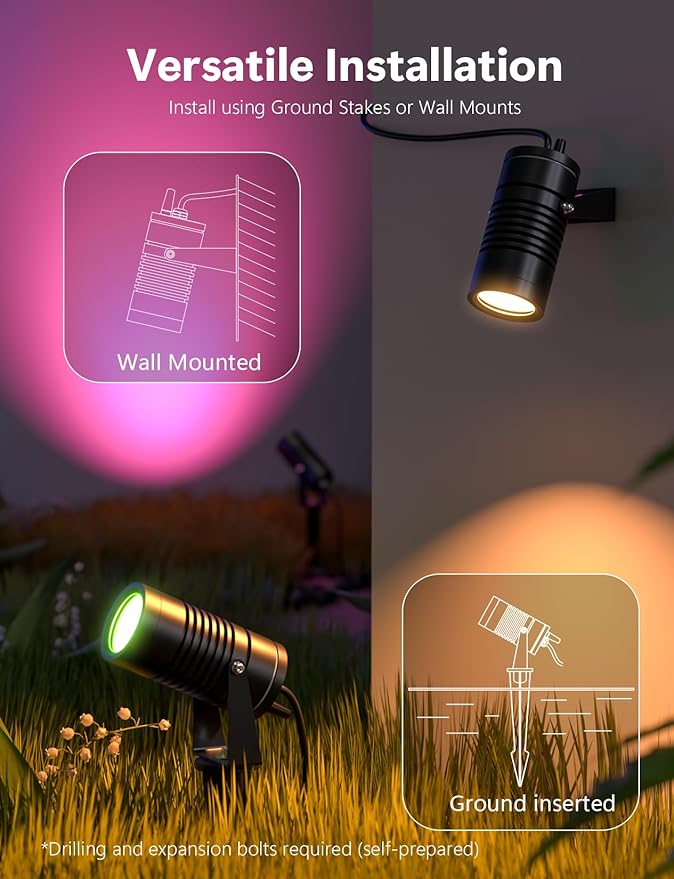 Smart Landscape Lights, APP Controlled RGBCW Color Changing Spot Lights, IP65 Waterproof 24V Low Voltage Outdoor Spotlights for Garden Yard Pathway Holiday Decor