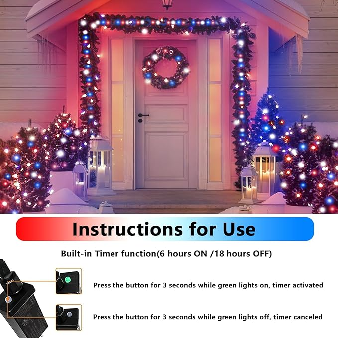66Ft 200 LED Red White and Blue Fairy Lights Plug in, July 4th Waterproof String Lights 8 Modes with Timer for Indoor and Outdoor, American Flag Twinkle Lights for Independence Day, National Day