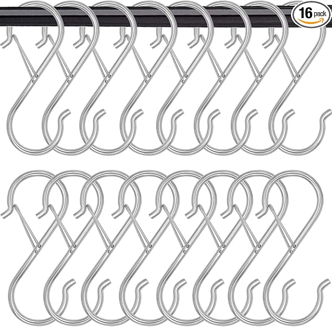 16 Pack S Shaped Hooks - 3.5 inch Heavy Duty Hooks with Safety Buckle for Hanging Plants, Clothes, Kitchen Utensils, Bags (Silver)