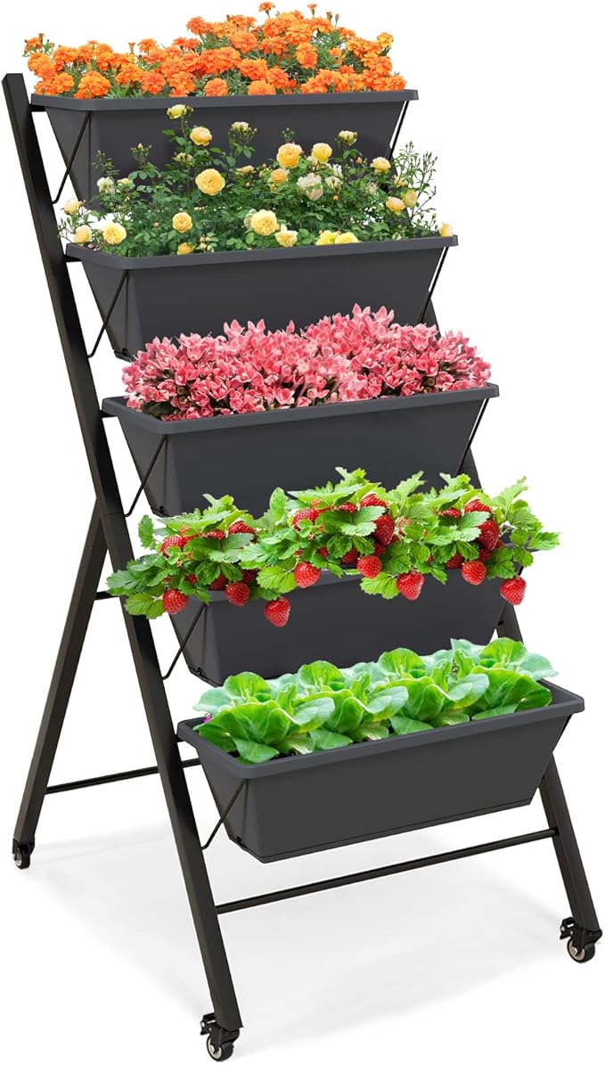 Giantex Vertical Raised Garden Bed on Wheels, Elevated Planter Raised Beds with Water Drainage, Freestanding 5 Container Boxes for Vegetables and Flowers Growing, Outdoor Indoor Patio Balcony