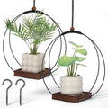 2 Pack Hanging Planters for Indoor Outdoor Plants, 12 Inch Sturdy Wood Base Metal Plant Hanger Modern Boho Minimalist Flower Pot Holder Basket Wall Ceiling Window Stands Home Wall Decor