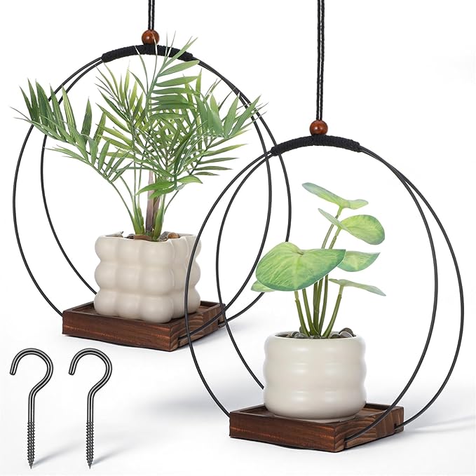 2 Pack Hanging Planters for Indoor Outdoor Plants, 12 Inch Sturdy Wood Base Metal Plant Hanger Modern Boho Minimalist Flower Pot Holder Basket Wall Ceiling Window Stands Home Wall Decor