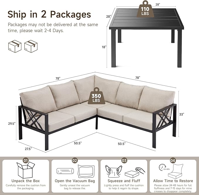 Patio Furniture Set, 6-piece Metal Sectional Furniture Sofa with Coffee Table, L Shaped Outdoor Couch with Olefin Cushion, Highback Frame, Outdoor Patio Conversation Sets for Balcony Backyard, Beige