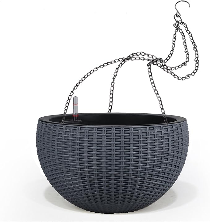 Dexceder 9 Inch Self Watering Hanging Planters Indoor Outdoor, Thickened Hanging Basket Flower Plant Pot with Water Level Indicator (Gray)