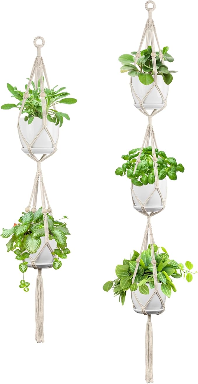 USLAI Macrame Plant Hanger Indoor Outdoor, Fits 4 to 8 Inch Pots, Strong Hanging Planter Holder, Boho Home Decor, 49+72 Inch, Ivory (POTS NOT Included)