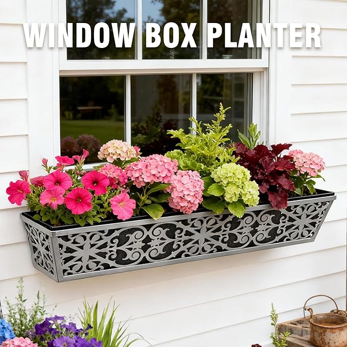 6 Pack 30 Inch Window Boxes Planter for Outdoor Plants Deck Railing Planters Box with Adjustable Brackets for Porch Fence Balcony Hanging Flower Baskets with Non-Woven Fabric Liner for Garden Décor