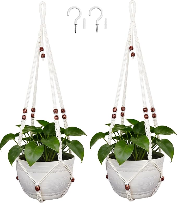 35 Inch Macrame Plant Hanger, Large for up to 15 Inch Pot Extra Long Hanging Planter Holder Basket with Wood Beads for Indoor Outdoor Home Decor (Ivory, 2-Pack)