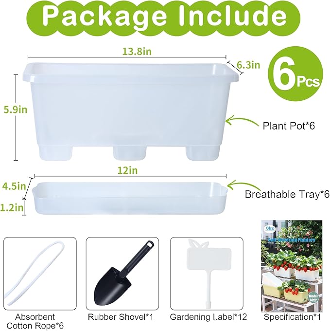 Window Box Planter 6 Packs, 13.8 Inches Rectangle Flower Pots with Drainage Holes & Trays, Pots for Vegetables, Herbs, Flowers, Garden Windowsill Balcony (Translucent White)
