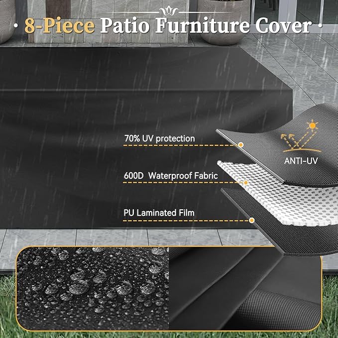 Aoxun 8 Piece Patio Furniture Set with 44” Fire Pit Table Wicker Rattan Outdoor Sectional Sofa Set with Coffee Table and Thickened Cushions & Hose, Khaki (Waterproof Cover Included)