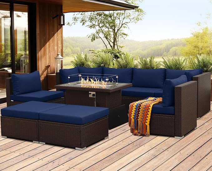 NICESOUL 9 Piece Patio Furniture Set with Fire Pit Natural Gas/Propane, 29.3'' High Back Comfy Outdoor Wicker Conversation Set, XL Large Deep Sitting Sectional Sets, Brown Rattan and Navy Blue Cushion