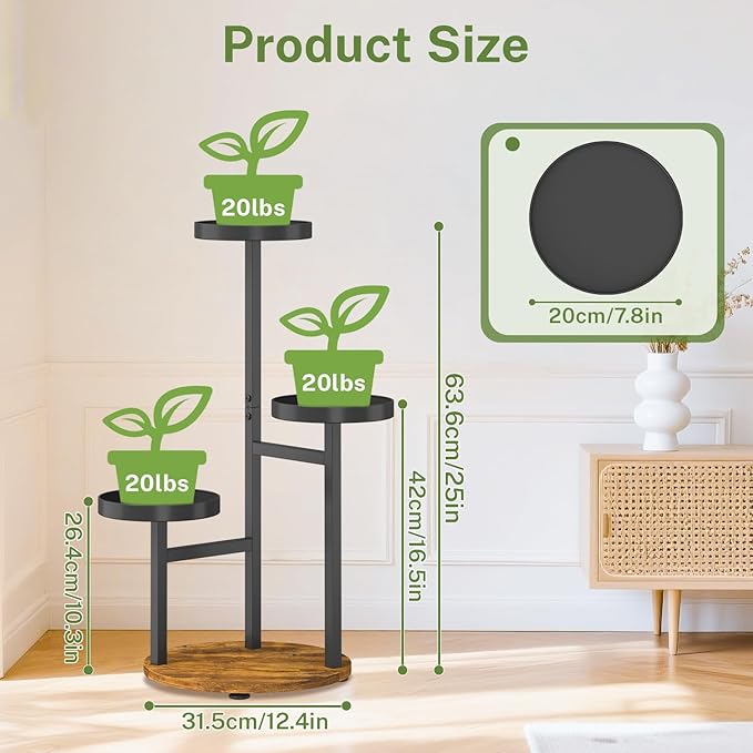iDavosic.ly 3 Tier Plant Stand Indoor, Tiered Corner Metal Wood Multiple Flower Holder Shelf, Tall Orchid Display Rack for Patio Porch Living Room Balcony Outdoor, Brown