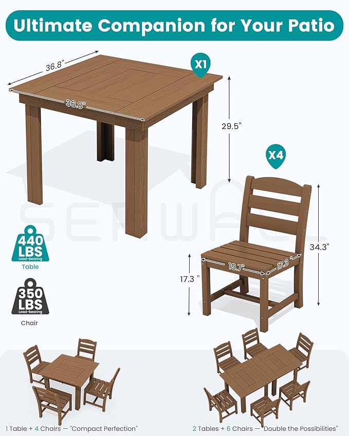 SERWALL Outdoor Dining Set for 4, HDPE Square Table and Chairs Set All Weather Patio Dining Set with 4 Armless Chairs for Patio, Brown