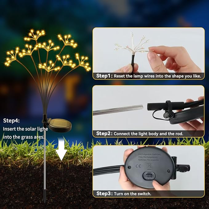 JJGoo Solar Garden Lights, New Upgraded 4 Pack Solar Swaying Starburst Light, Waterproof Fireworks Outdoor Lights, Yard Patio Pathway Decoration, Warm White
