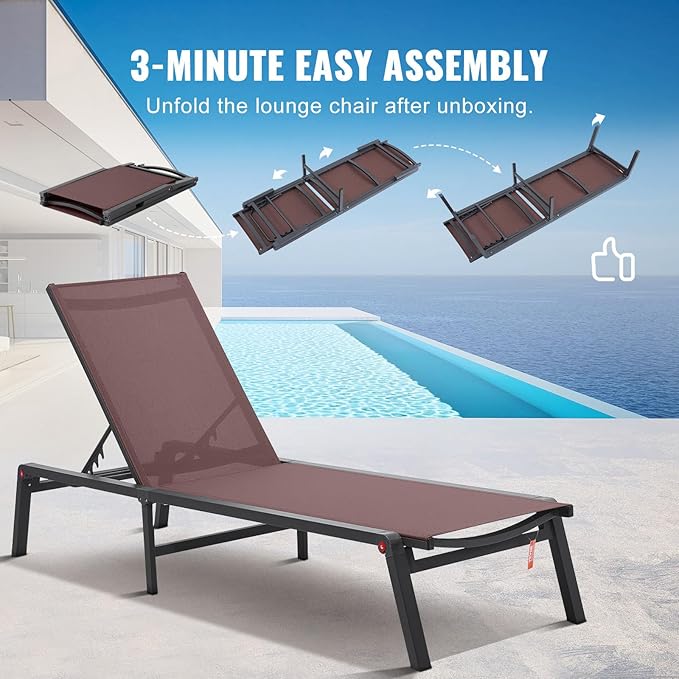 VEVOR Chaise Lounge Chair Outdoor, Aluminum Patio Lounge Chairs with Adjustable 5-Position, Folding Pool Chair Recliner and Full Flat Tanning Chairs for Patio, Beach, Pool, Brown