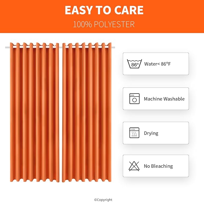 Waterproof Outdoor Curtain W105 x L95 - Grommet Top Sunlight Blocking Window Treatment Drapes Blackout Curtains for Home Bedroom Living Room Outdoor Patio Porch Pergola Cabana Gazebo (Orange)