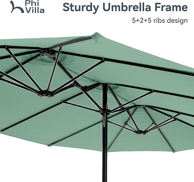 PHI VILLA 15ft Large Patio Umbrellas with Base, Outdoor Double-Sided Rectangle Market Umbrella for Pool Lawn Garden, Mint Green