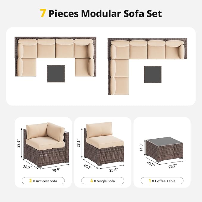 Aoxun Patio Furniture Set, 7 Piece Outdoor Sectional Sofas with Waterproof Cover, Wicker Rattan Outdoor Furniture Patio Conversation Set for Backyard, Garden (Brown Rattan Begin Cushions)