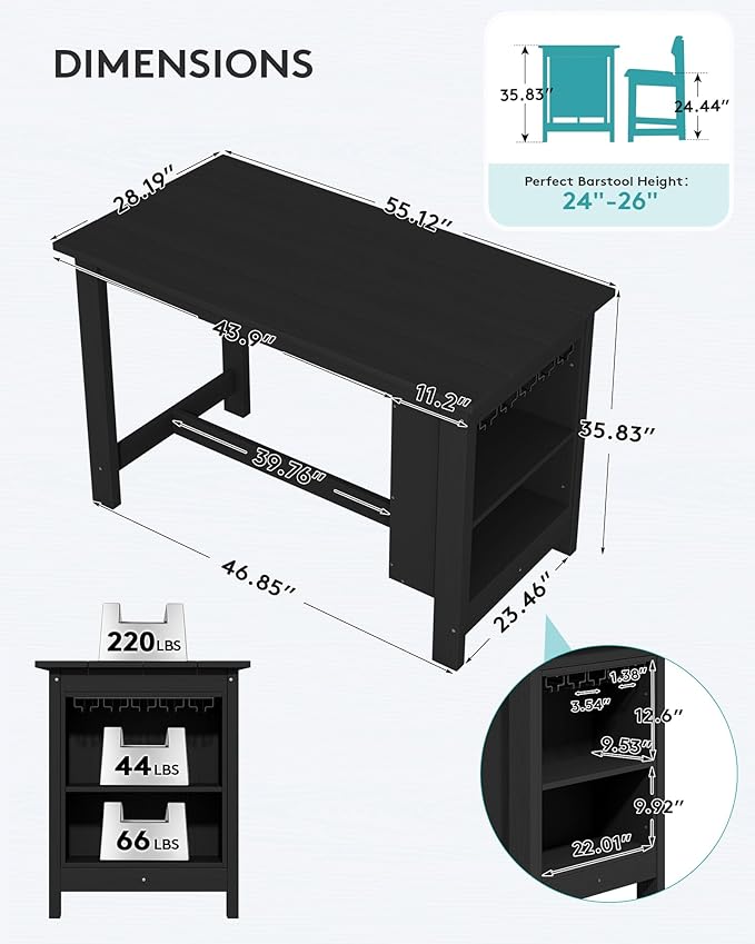 SERWALL Outdoor Bar Table, All Weather HDPE 36" Counter Height Dining Table with Storage and Wine Rack for Patio, Garden, Backyard, Balcony, Poolside, Black