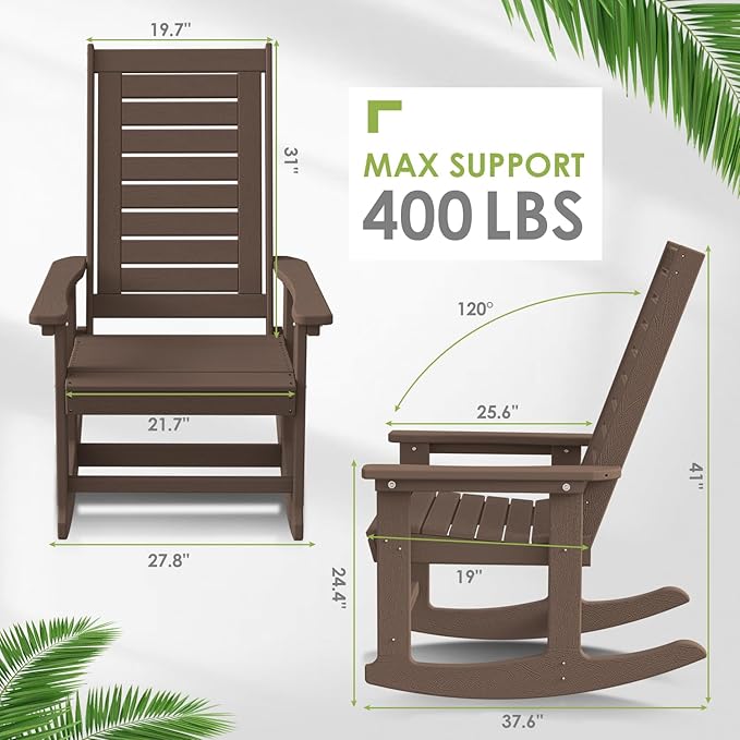 GREENVINES Outdoor Rocking Chairs | Set of 4 | Porch Rocker | HDPE Plastic | Wood Grain | Oversized Rockers | High Back | Big & Tall | Ladder Back | Dark Brown | for Patio Outside