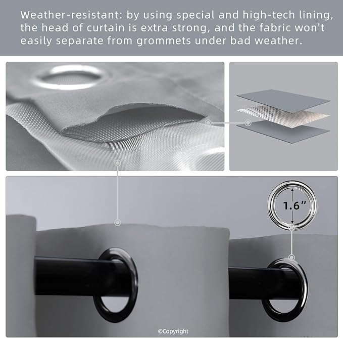 Waterproof Outdoor Curtain W52 x L63 - Grommet Top Sunlight Blocking Window Treatment Drapes Blackout Curtains for Home Bedroom Living Room Outdoor Patio Porch Pergola (Light Gray, 2 Panels)
