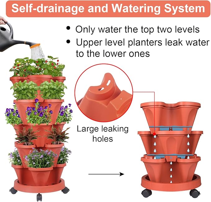 GameXcel Vertical Planter 5 Tier Stackable Planters Garden Planters Strawberry Herb Flower and Vegetable Planter Indoor Outdoor Gardening Pots with Removable Wheels and Tools