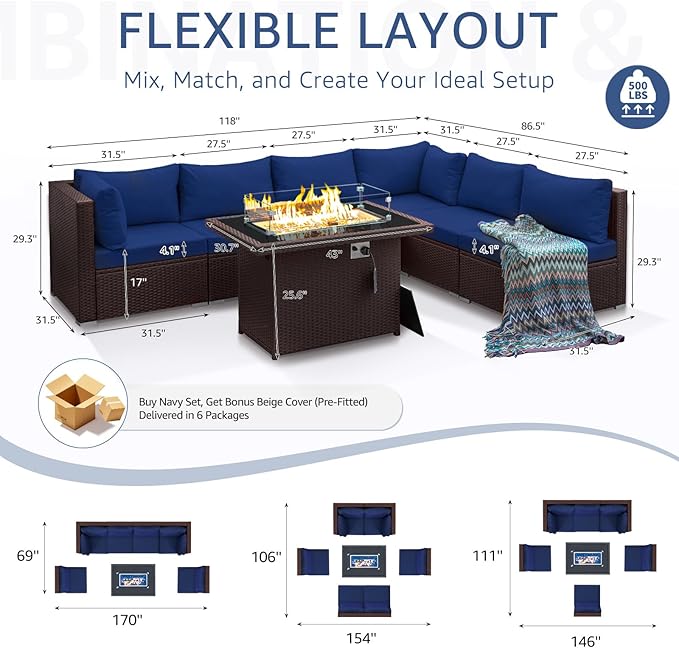 NICESOUL 7 Piece Large Size Patio Sectional Furniture Set with Firepit Propane/Natural Gas, 29.3'' High Back Outdoor Sofa Conversation Couch, Tall Wide Deep Sitting, Brown Rattan and Navy Cushion