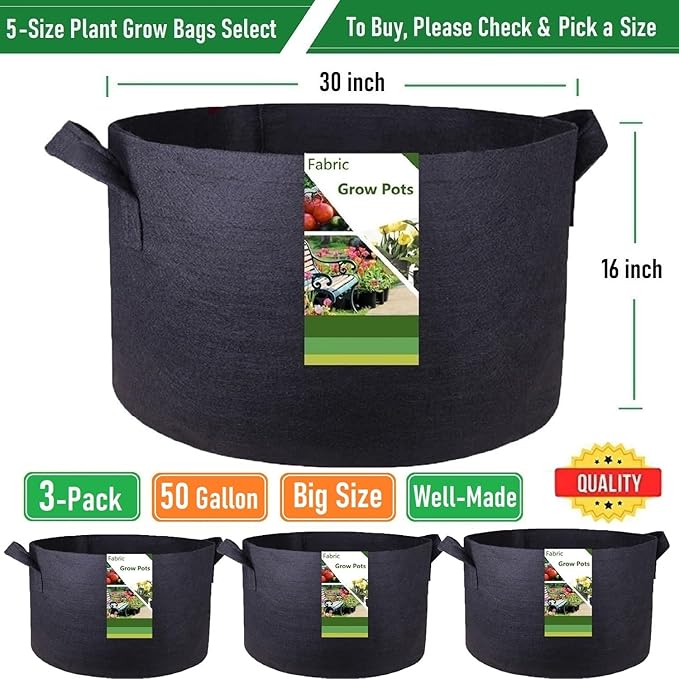 3-Pack 50 Gallon Thickened Plant Grow Bags Large (30x16 in) Heavy Duty Fabric Plant Pots Garden Bag for Potato,Tomato Planter,Herbs Veggies Planting,Flower Pots,Barrel Planter,Leaf Bag,Yard Waste Bags