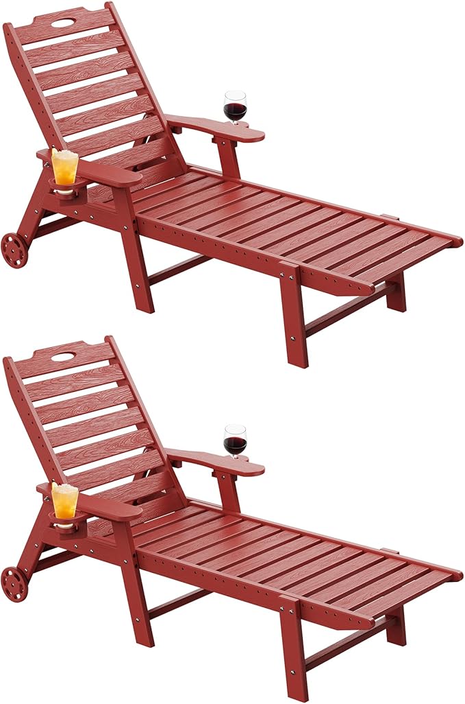 Carauci Lounge Chair Outdoor Set of 2, HDPE Chaise Lounge with Wheels, 5-Position Adjustable Backrest & 2 Cup Holders Patio Lounge Chair, All-Weather Pool Sun Lounger for Poolside, Backyard, Red