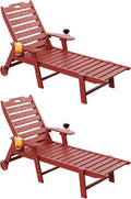 Carauci Lounge Chair Outdoor Set of 2, HDPE Chaise Lounge with Wheels, 5-Position Adjustable Backrest & 2 Cup Holders Patio Lounge Chair, All-Weather Pool Sun Lounger for Poolside, Backyard, Red
