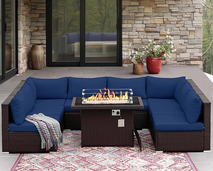 NICESOUL Large Size 9 Pcs Outdoor Patio Sectional Sofa Set with Firepit Natural Gas/Propane, 29.3'' High Back Conversation Sectional Couch Sets Deep Wide Sitting, Brown Rattan and Navy Blue Cushion